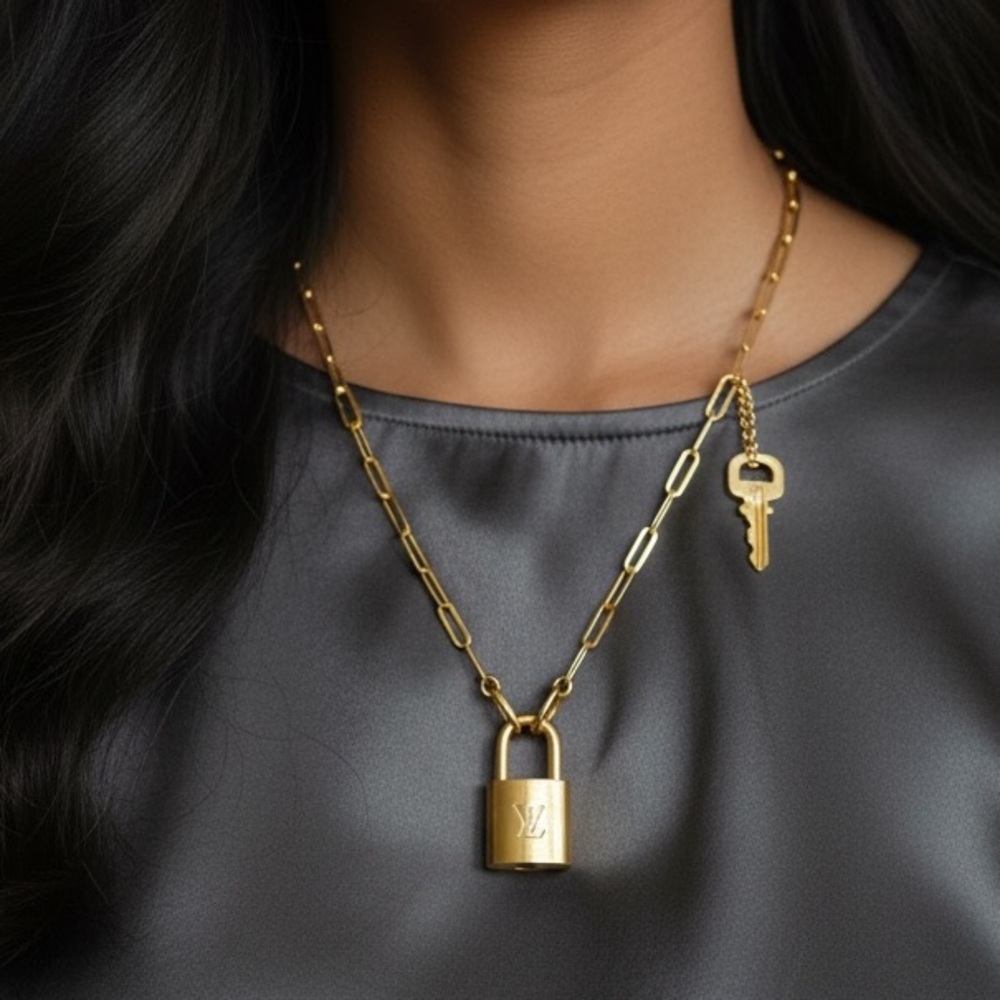 LOUIS VUITTON Lock & Key w/Unbranded Gold-Over-925-Silver  Paperclip Chain ✨NEW✨ - Picture 3 of 12
